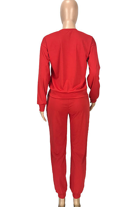 Red Simple Sport Loose Long Sleeve Round Neck Pocket Jumper Long Pants Solid Color Sets SM9206-3