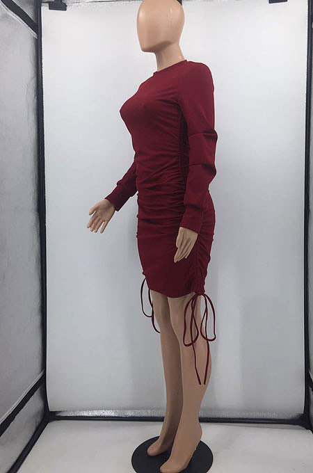 Wine Red Simple Casual Long Sleeve Bandage Collect Waist Wrap Dress OH8093