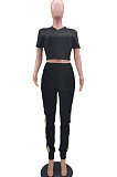 White Cotton Blend  Side Strip Short Sleeve Round Neck T-Shirt Long Pants Sets TK6188-1