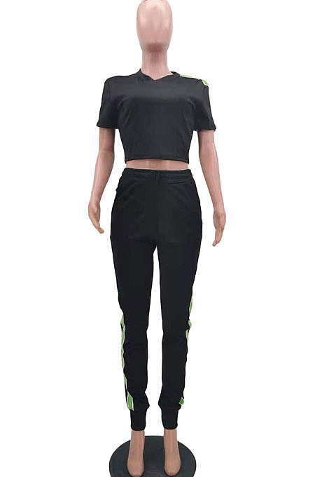 White Cotton Blend  Side Strip Short Sleeve Round Neck T-Shirt Long Pants Sets TK6188-1