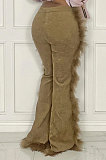 Black Women Autumn Winter Corduroy Rough Selvedge Mid Waist Solid Color Flare Leg Pants MLM9078-1