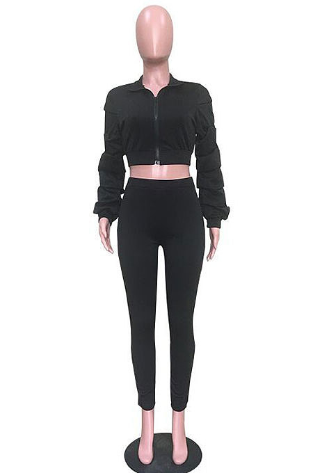 Black Autumn Winter Casual Ruffle Sleeve Zip Front Coat Pencil Pants Sport Sets ORY5064-1