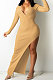 Apricot Ribber Sexy Long Sleeve V Neck Backless Slim Fitting Solid Color Slit Maxi Dress TRS1176-4
