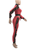 Red Women Flounce Stand Collar Zipper Long Sleeve Pants Sets KXL858-1