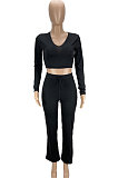White Women Solid Color Long Sleeve Bodycon Tops Casual Flare Leg Pants Sets KXL856-2