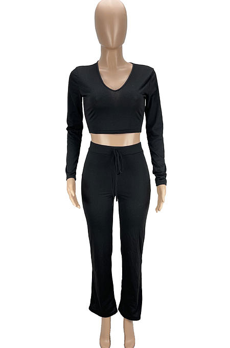 White Women Solid Color Long Sleeve Bodycon Tops Casual Flare Leg Pants Sets KXL856-2