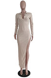 Black Ribber Sexy Long Sleeve V Neck Backless Slim Fitting Solid Color Slit Maxi Dress TRS1176-1