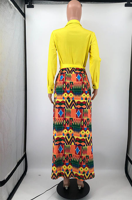 White Newest Print Long Sleeve Lepal Neck Single-Breasted With Beltband Swing Shirt Dress DMM8183-1