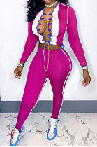 Rose Contrast Color Spliced Long Sleeve Bandage Hollow Out Tops Pencil Pants Sets MN8382-1