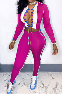 Rose Contrast Color Spliced Long Sleeve Bandage Hollow Out Tops Pencil Pants Sets MN8382-1