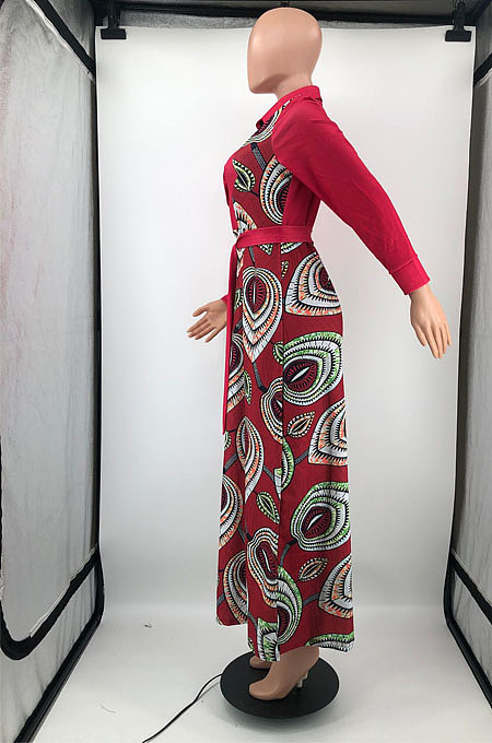 White Newest Print Long Sleeve Lepal Neck Single-Breasted With Beltband Swing Shirt Dress DMM8183-1
