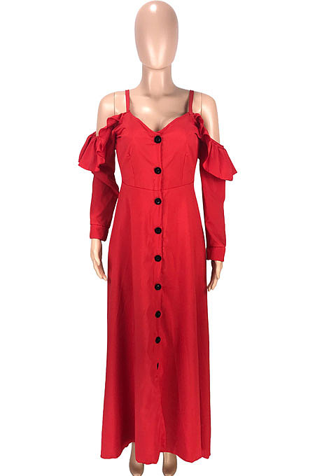 Black Cute Preppy New Ruffle Long Sleeve Off Shoulder V Neck Buttoned Front Collect Waist Swing Long Dress SM9205-2