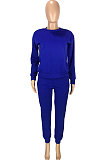 Red Simple Sport Loose Long Sleeve Round Neck Pocket Jumper Long Pants Solid Color Sets SM9206-3