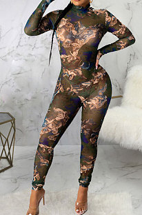 Green Sexy Mesh Print Long Sleeve V Neck Collect Waist Bodycon Jumpsuits SMR10278-3