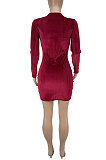 Dark Green Women Pure Color Ribber Velvet Sexy Round Collar Mid Waist Long Sleeve Mini Dress KXL860-4