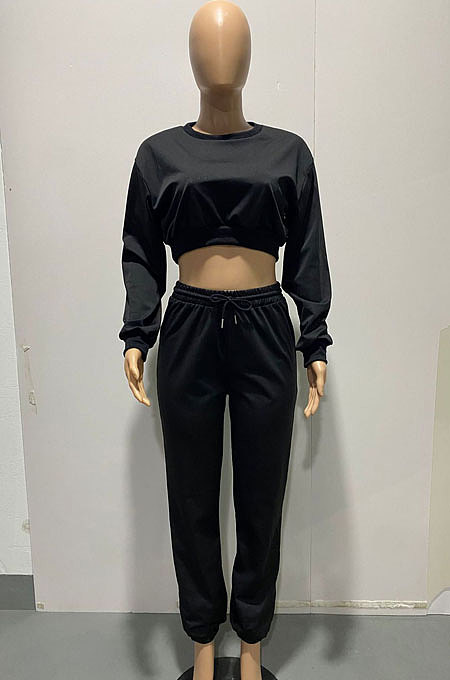 Gray Women Trendy Casual Solid Color Crop Bodycon Pants Sets AMW8336-1