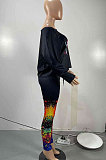 Black Women Casual Oblique Shoulder Letters Splash-Ink Printing Pants Sets AMW8333