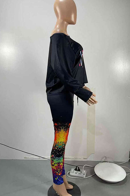 Black Women Casual Oblique Shoulder Letters Splash-Ink Printing Pants Sets AMW8333
