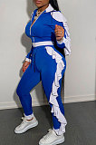Red White Edge Women Flounce Stand Collar Zipper Long Sleeve Pants Sets KXL858-4