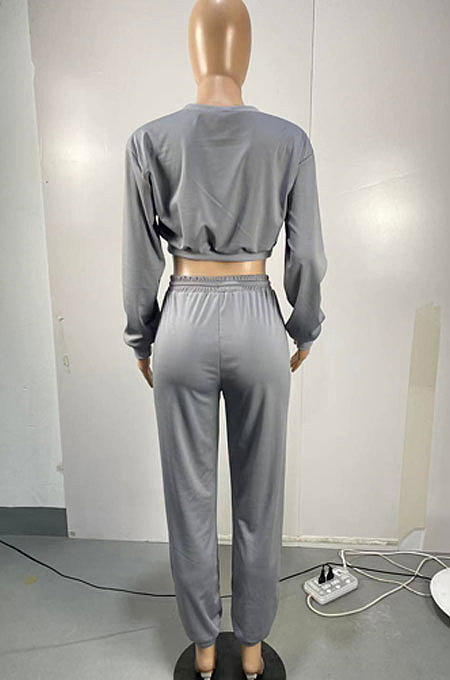Coffee Women Trendy Casual Solid Color Crop Bodycon Pants Sets AMW8336-3