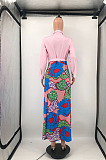 Pink Newest Print Long Sleeve Lepal Neck Single-Breasted With Beltband Swing Shirt Dress DMM8183-5