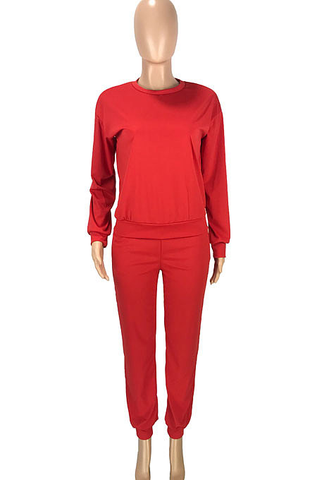 Royal Blue Simple Sport Loose Long Sleeve Round Neck Pocket Jumper Long Pants Solid Color Sets SM9206-1