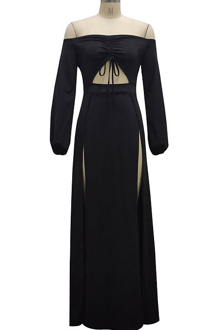 Pink Sexy Wholesale Off Shoulder Long Sleeve Collect Waist Slit  Strapless Dress SMR10305-1
