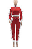 Red White Edge Women Flounce Stand Collar Zipper Long Sleeve Pants Sets KXL858-4