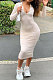 Beige Women Pure Color Zipper Deep V Collar Long Sleeve Mid Waist Tight Sexy Midi Dress AMW8338-2