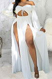 Pink Sexy Wholesale Off Shoulder Long Sleeve Collect Waist Slit  Strapless Dress SMR10305-1