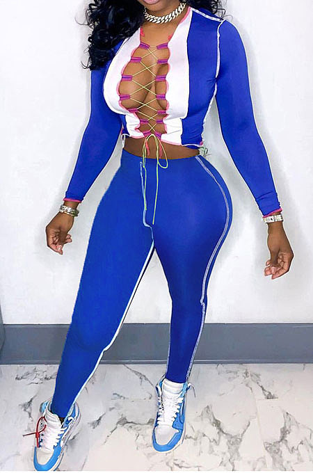 Blue Contrast Color Spliced Long Sleeve Bandage Hollow Out Tops Pencil Pants Sets MN8382-2