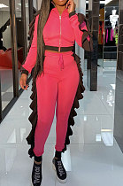 Red Women Flounce Stand Collar Zipper Long Sleeve Pants Sets KXL858-1