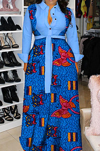 Light Blue Newest Print Long Sleeve Lepal Neck Single-Breasted With Beltband Swing Shirt Dress DMM8183-2