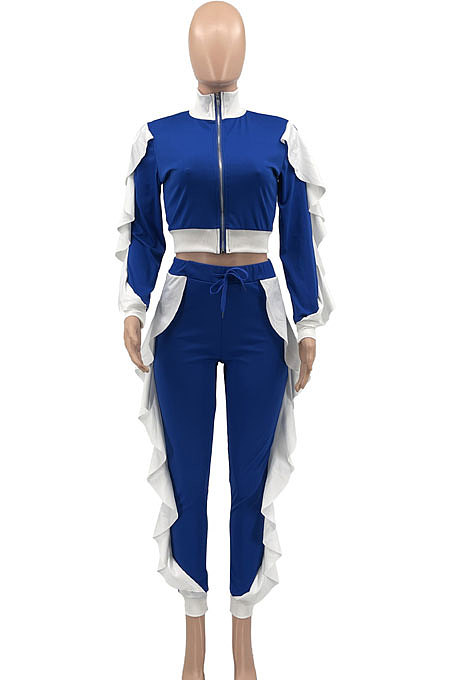 Red White Edge Women Flounce Stand Collar Zipper Long Sleeve Pants Sets KXL858-4