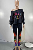 Black Women Casual Oblique Shoulder Letters Splash-Ink Printing Pants Sets AMW8333