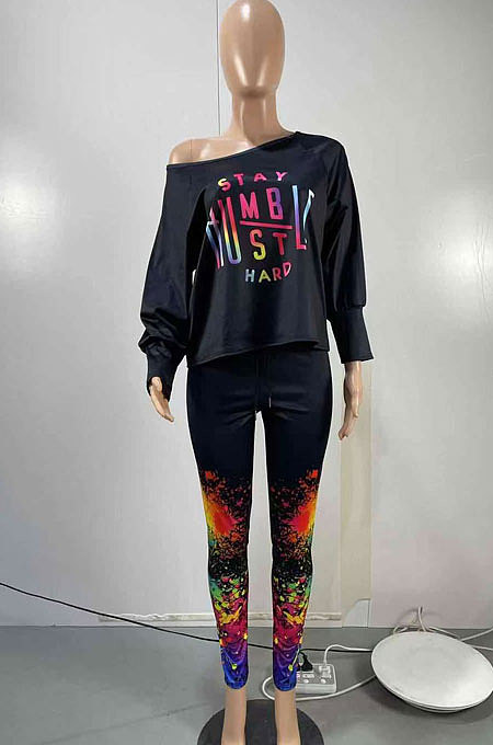 Black Women Casual Oblique Shoulder Letters Splash-Ink Printing Pants Sets AMW8333