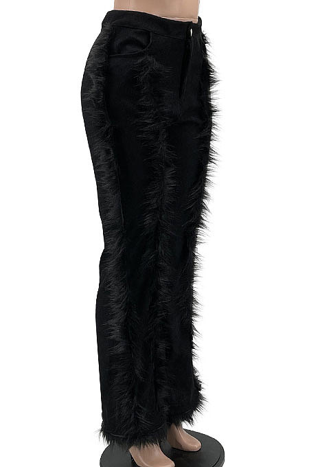 Black Women Autumn Winter Corduroy Rough Selvedge Mid Waist Solid Color Flare Leg Pants MLM9078-1