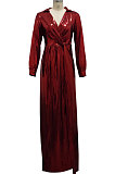 Wine Red Club Hot Starmping Long Sleeve V Collar Slim Fitting Sexy Slit Swing Long Dress SMR10194-1