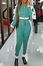Mint Green Women Flounce Stand Collar Zipper Long Sleeve Pants Sets KXL858-3