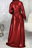Wine Red Club Hot Starmping Long Sleeve V Collar Slim Fitting Sexy Slit Swing Long Dress SMR10194-1