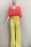 Red+Yellow Wholesale Women Half Sleeve V Collar Loose Blouse Wide Leg Pants Casual Sets ORY5209