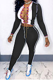 Black Contrast Color Spliced Long Sleeve Bandage Hollow Out Tops Pencil Pants Sets MN8382-3