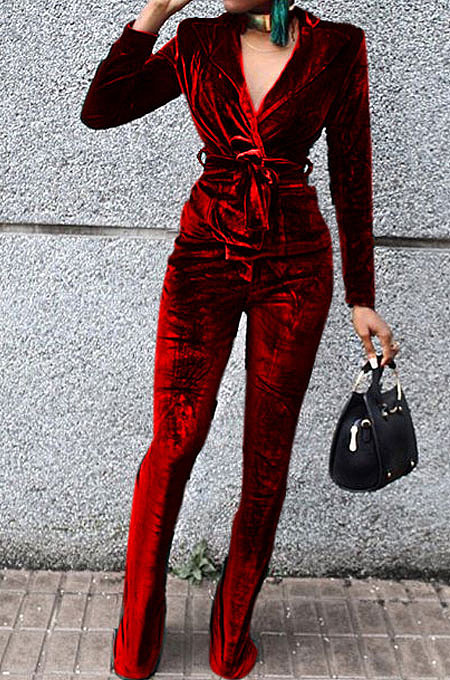 Red Wholesale Velvet Long Sleeve Lapel Neck Suits Coat Flare Pants Sets TRS1182-4