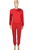 Red Simple Sport Loose Long Sleeve Round Neck Pocket Jumper Long Pants Solid Color Sets SM9206-3