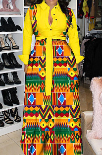 Yellow Newest Print Long Sleeve Lepal Neck Single-Breasted With Beltband Swing Shirt Dress DMM8183-4