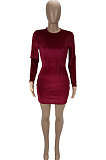 Red Women Pure Color Ribber Velvet Sexy Round Collar Mid Waist Long Sleeve Mini Dress KXL860-1