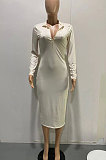 Black Women Pure Color Zipper Deep V Collar Long Sleeve Mid Waist Tight Sexy Midi Dress AMW8338-1
