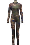 Green Sexy Mesh Print Long Sleeve V Neck Collect Waist Bodycon Jumpsuits SMR10278-3
