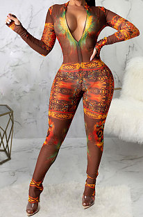 Brown Sexy Mesh Print Long Sleeve V Neck Collect Waist Bodycon Jumpsuits SMR10278-1