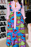 Pink Newest Print Long Sleeve Lepal Neck Single-Breasted With Beltband Swing Shirt Dress DMM8183-5
